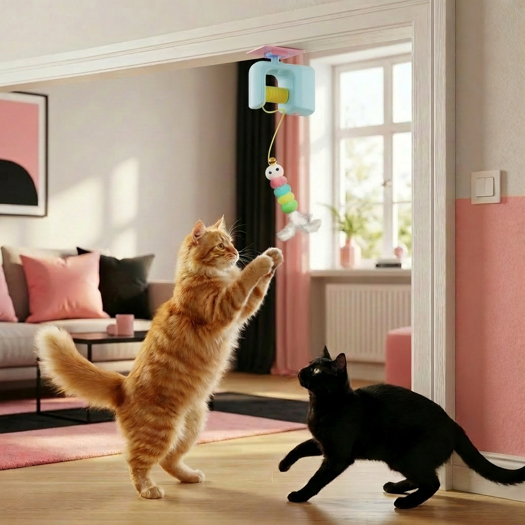 Interactive door yo-yo cat toy with self-play function
