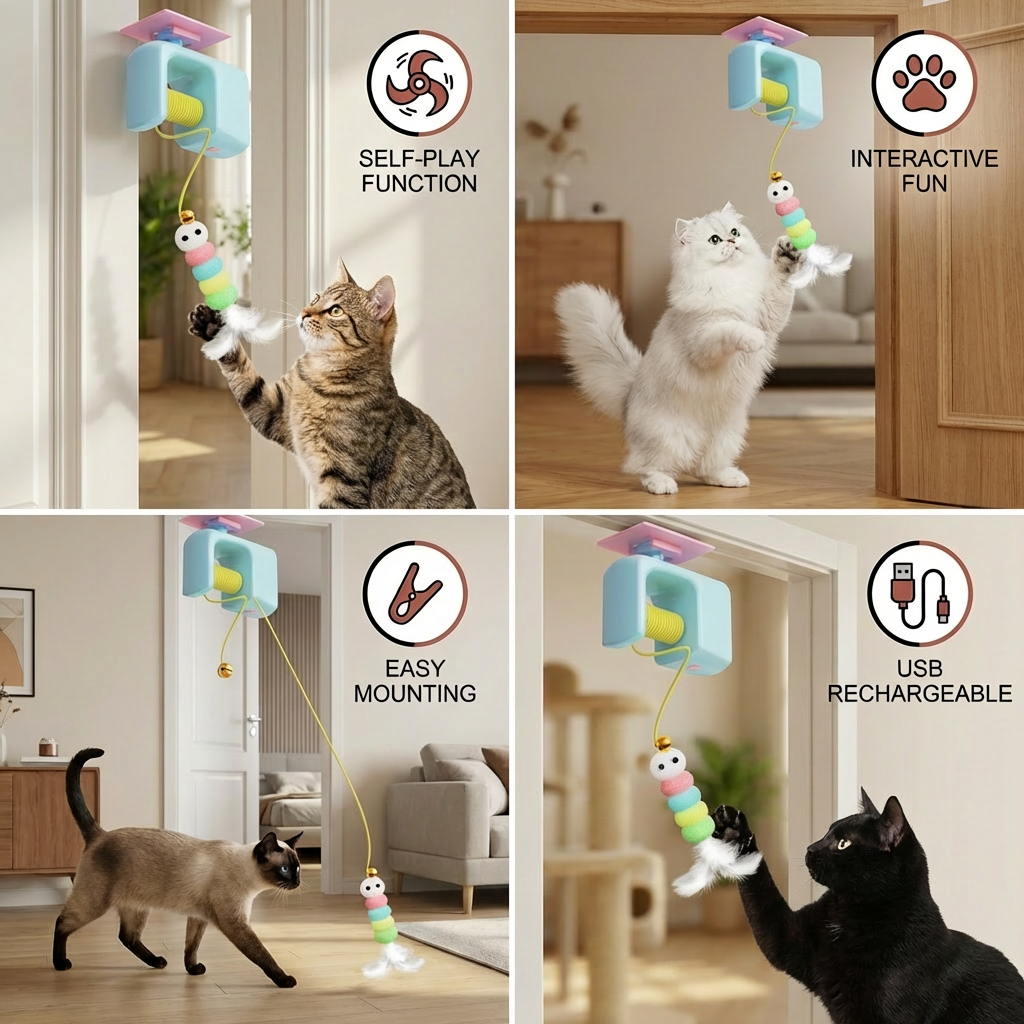 Interactive door yo-yo cat toy with self-play function