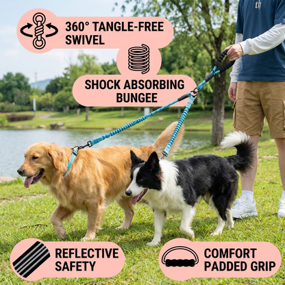 2-in-1 Dog Double Leash with 360° Swivel Joint – Tangle-Free & Shock Absorbing