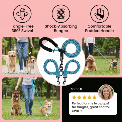 2-in-1 Dog Double Leash with 360° Swivel Joint – Tangle-Free & Shock Absorbing