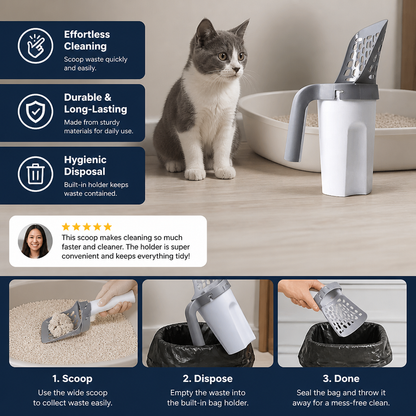Cat Litter Scoop with Waste Bag Holder for Fast and Mess Free Cleaning