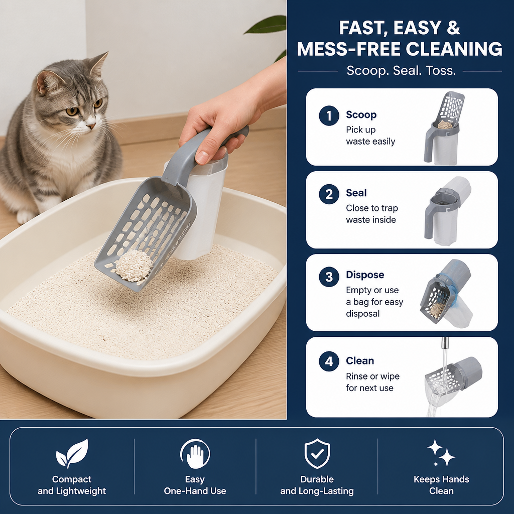 Cat Litter Scoop with Waste Bag Holder for Fast and Mess Free Cleaning