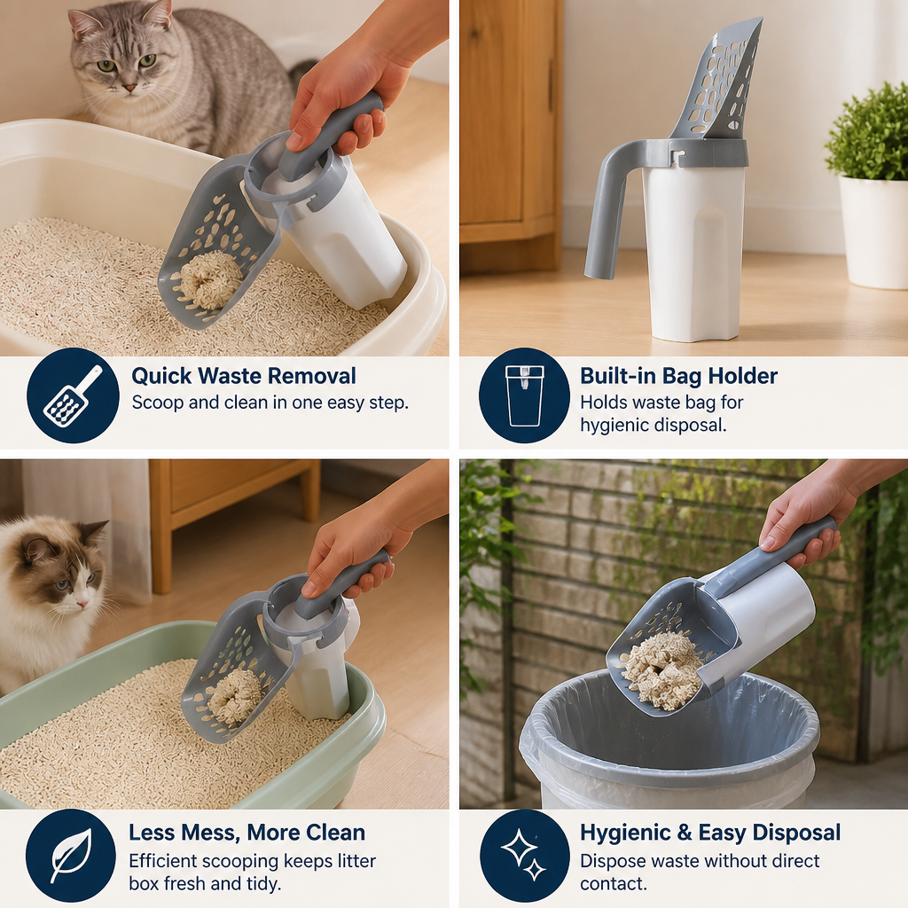 Cat Litter Scoop with Waste Bag Holder for Fast and Mess Free Cleaning