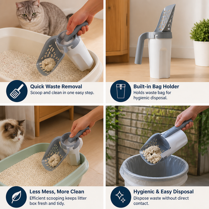 Cat Litter Scoop with Waste Bag Holder for Fast and Mess Free Cleaning
