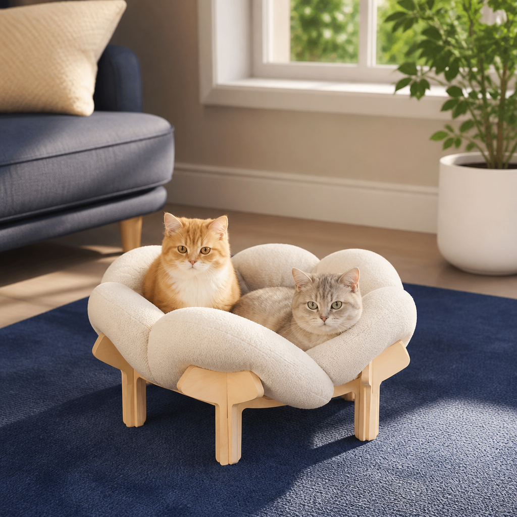 Luxury Elevated Wooden Flower Pet Bed with Plush Cushion