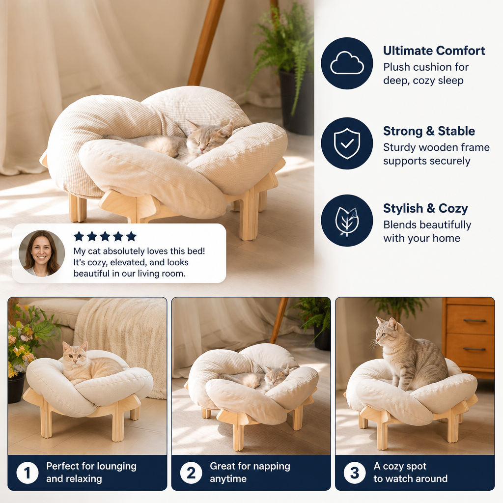 Luxury Elevated Wooden Flower Pet Bed with Plush Cushion
