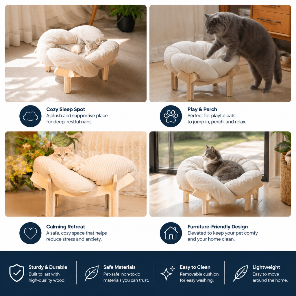 Luxury Elevated Wooden Flower Pet Bed with Plush Cushion
