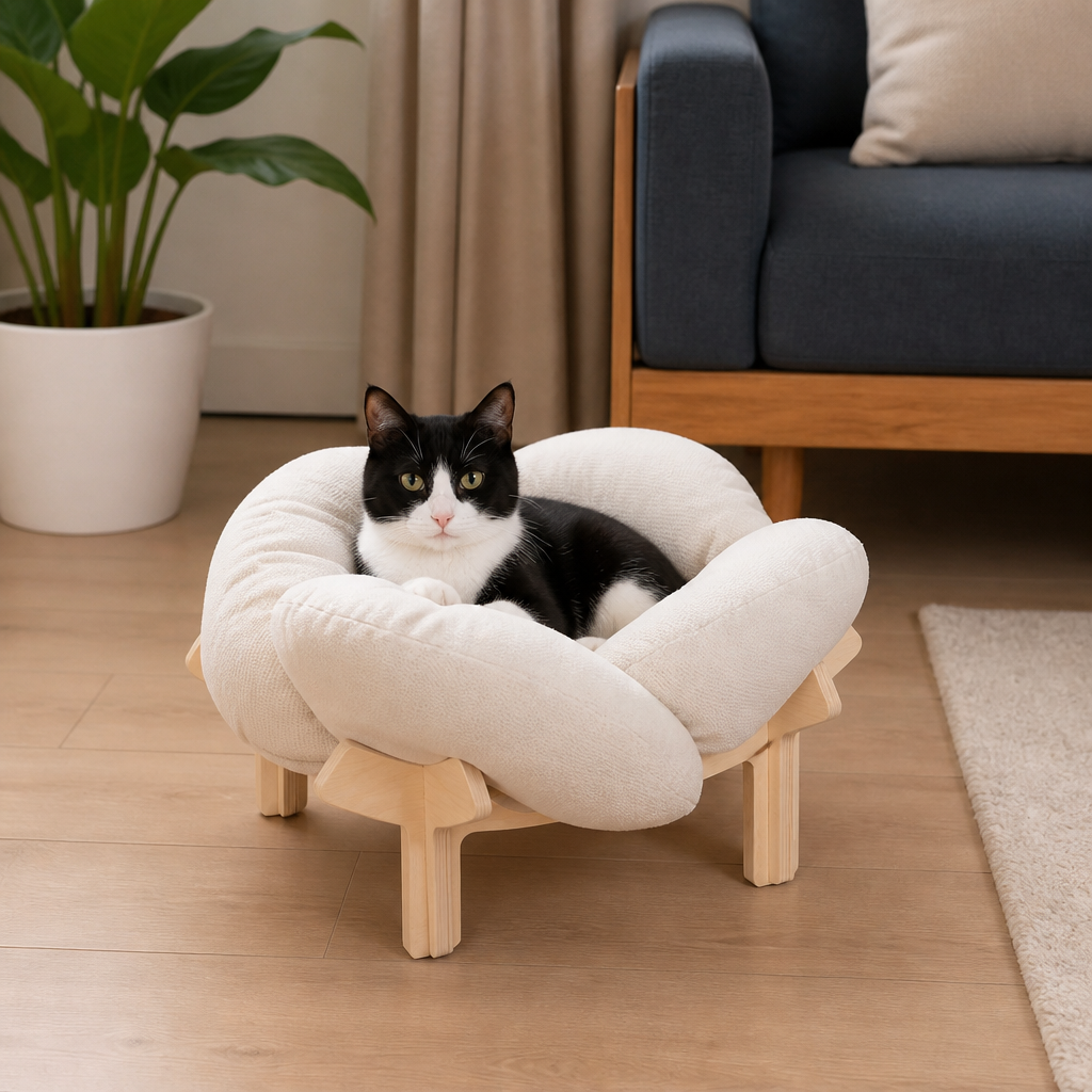 Luxury Elevated Wooden Flower Pet Bed with Plush Cushion
