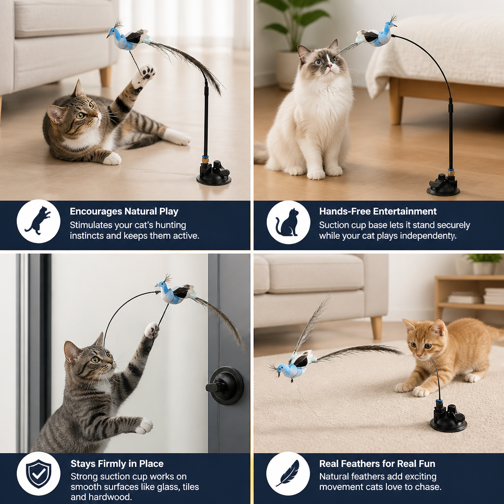 Hands-Free Interactive Cat Wand Toy with Natural Feathers & Suction Cup