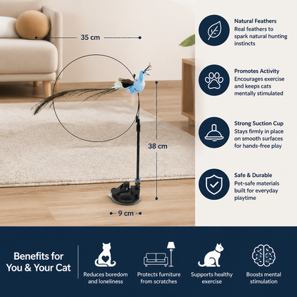 Hands-Free Interactive Cat Wand Toy with Natural Feathers & Suction Cup