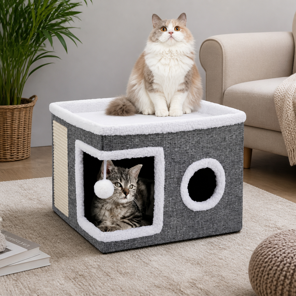 Modern Foldable Cat House with Double-Sided All-Season Cushion & Hanging Toys
