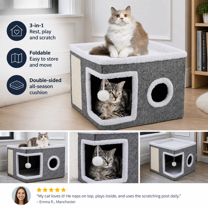 Modern Foldable Cat House with Double-Sided All-Season Cushion & Hanging Toys