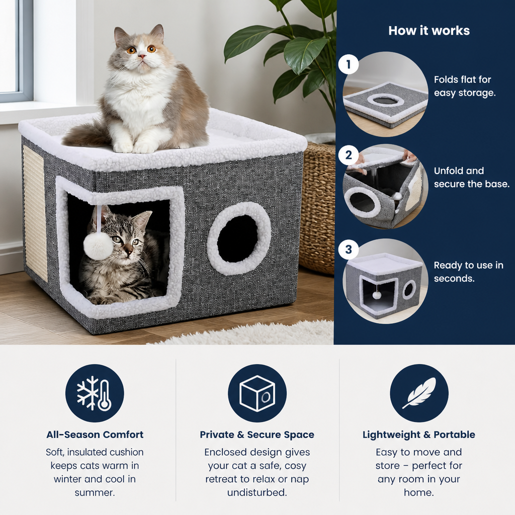 Modern Foldable Cat House with Double-Sided All-Season Cushion & Hanging Toys