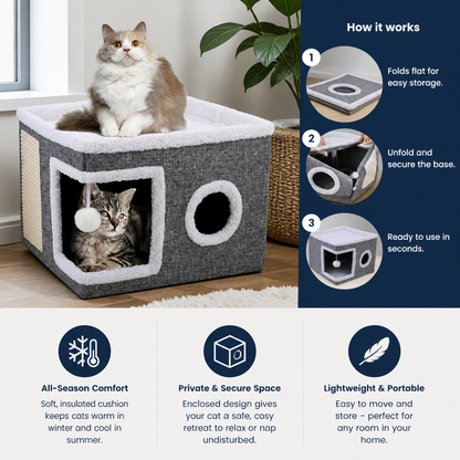 Modern Foldable Cat House with Double-Sided All-Season Cushion & Hanging Toys