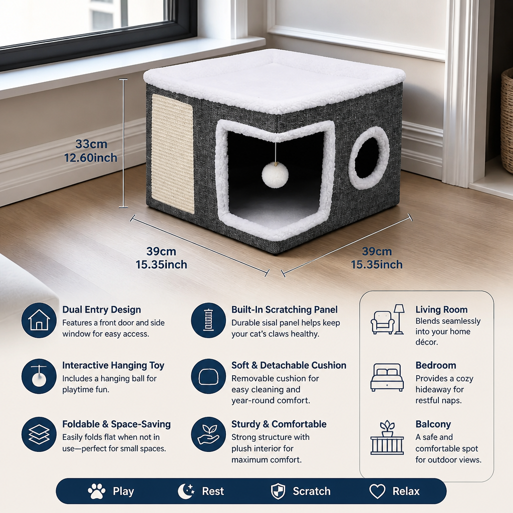 Modern Foldable Cat House with Double-Sided All-Season Cushion & Hanging Toys