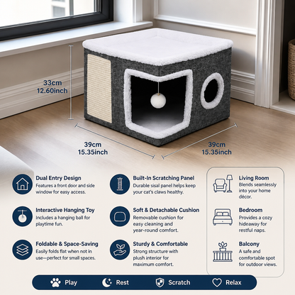 Modern Foldable Cat House with Double-Sided All-Season Cushion & Hanging Toys