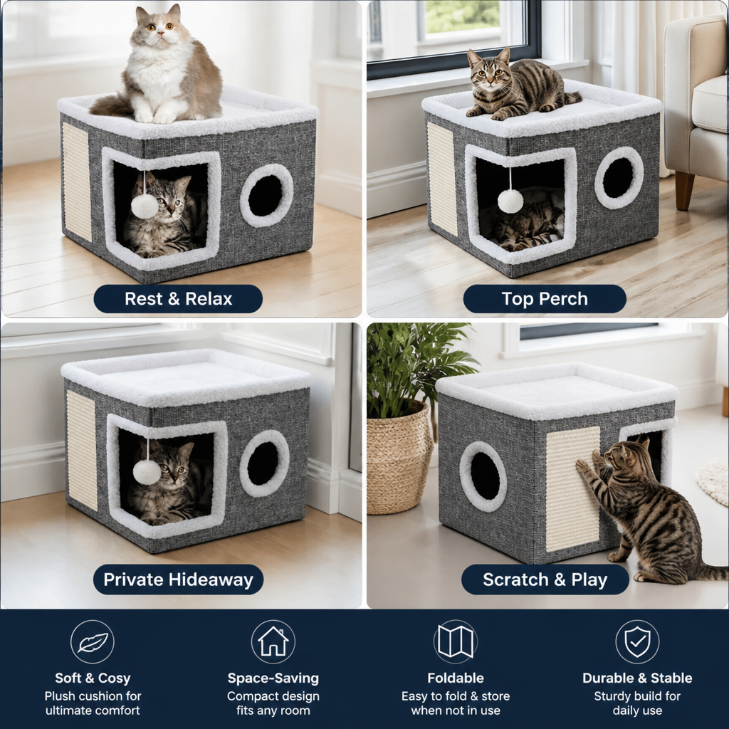 Modern Foldable Cat House with Double-Sided All-Season Cushion & Hanging Toys