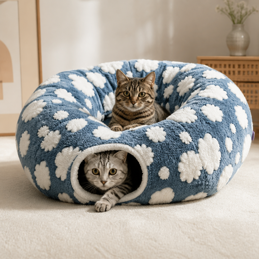 Fluffy 2-in-1 Pet Play Tunnel & Calming Bed with Cozy Blanket and Peekaboo Hole