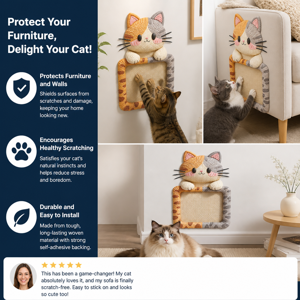 2in1 Woven Self-Adhesive Cat Scratching Mat & Furniture Protector with Interactive Toy