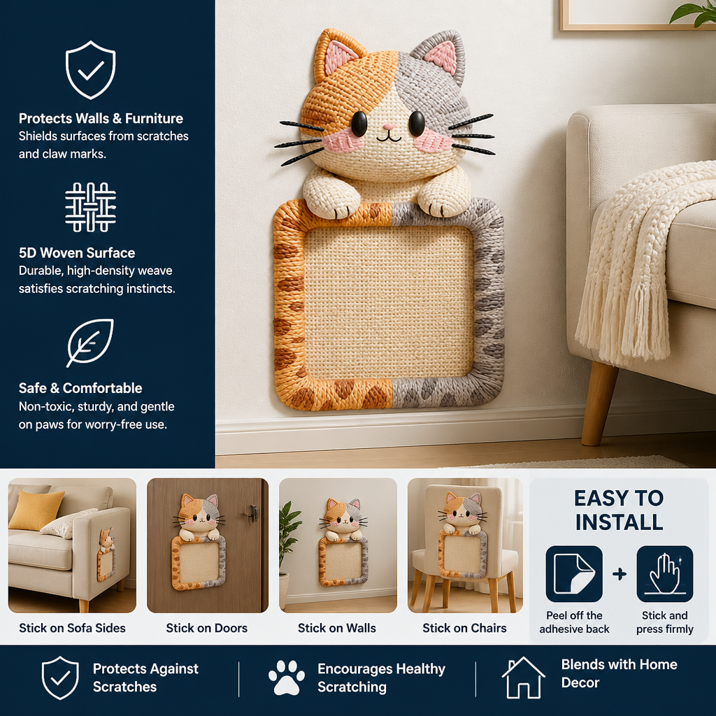 2in1 Woven Self-Adhesive Cat Scratching Mat & Furniture Protector with Interactive Toy