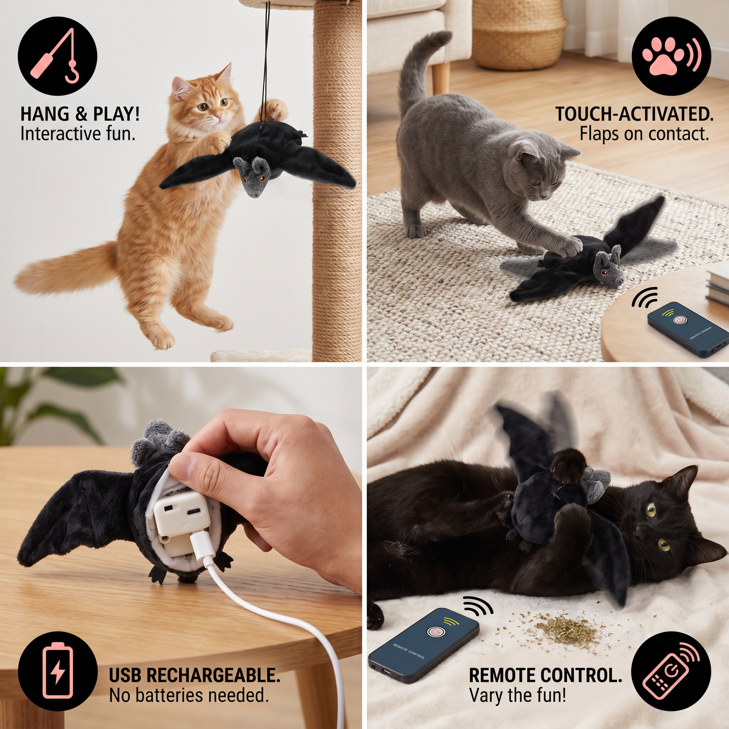 Touch—Activated Flapping Bat Cat Toy with Catnip