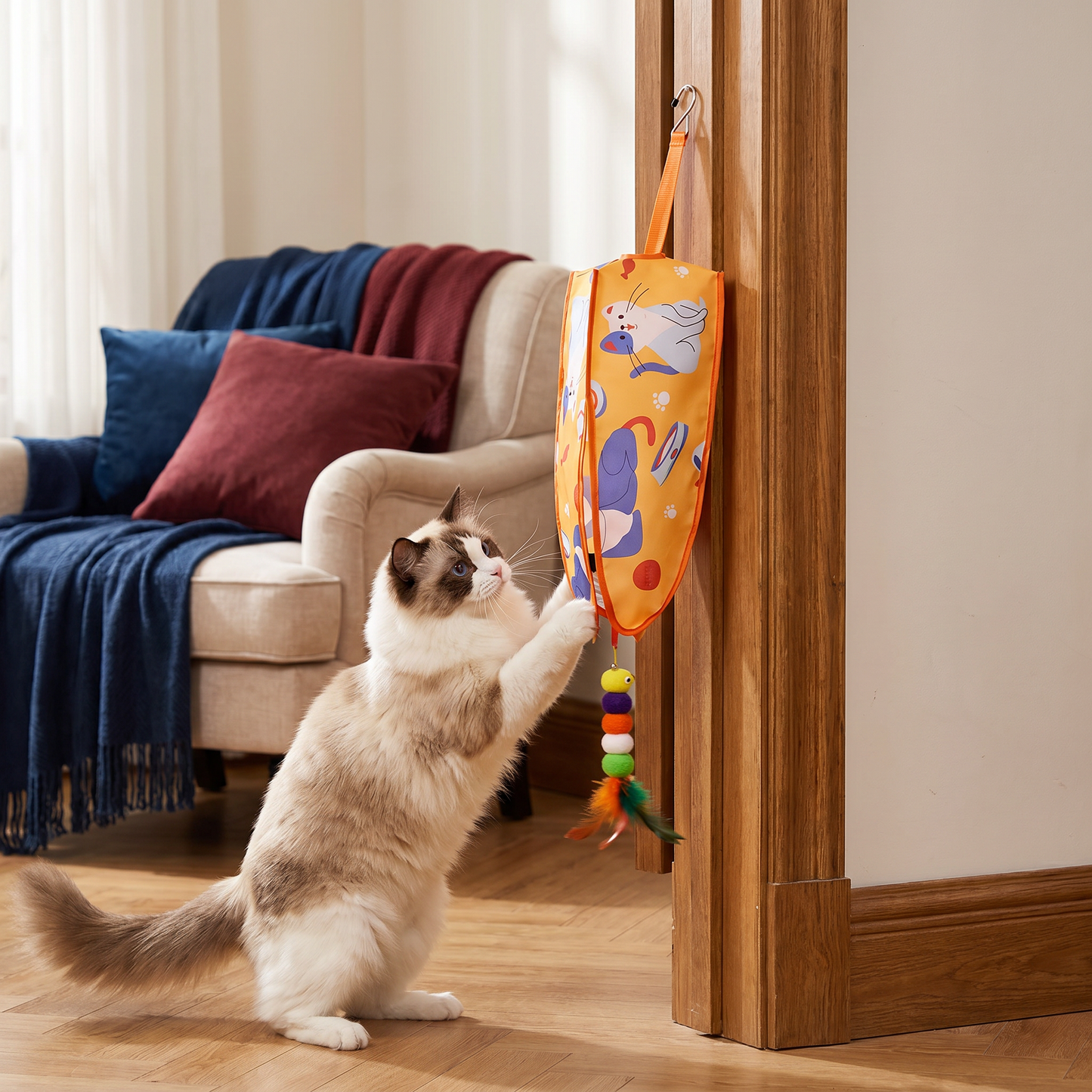 Automatic Hanging Cat Toy with Feather Teasers & Sound