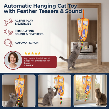 Automatic Hanging Cat Toy with Feather Teasers & Sound