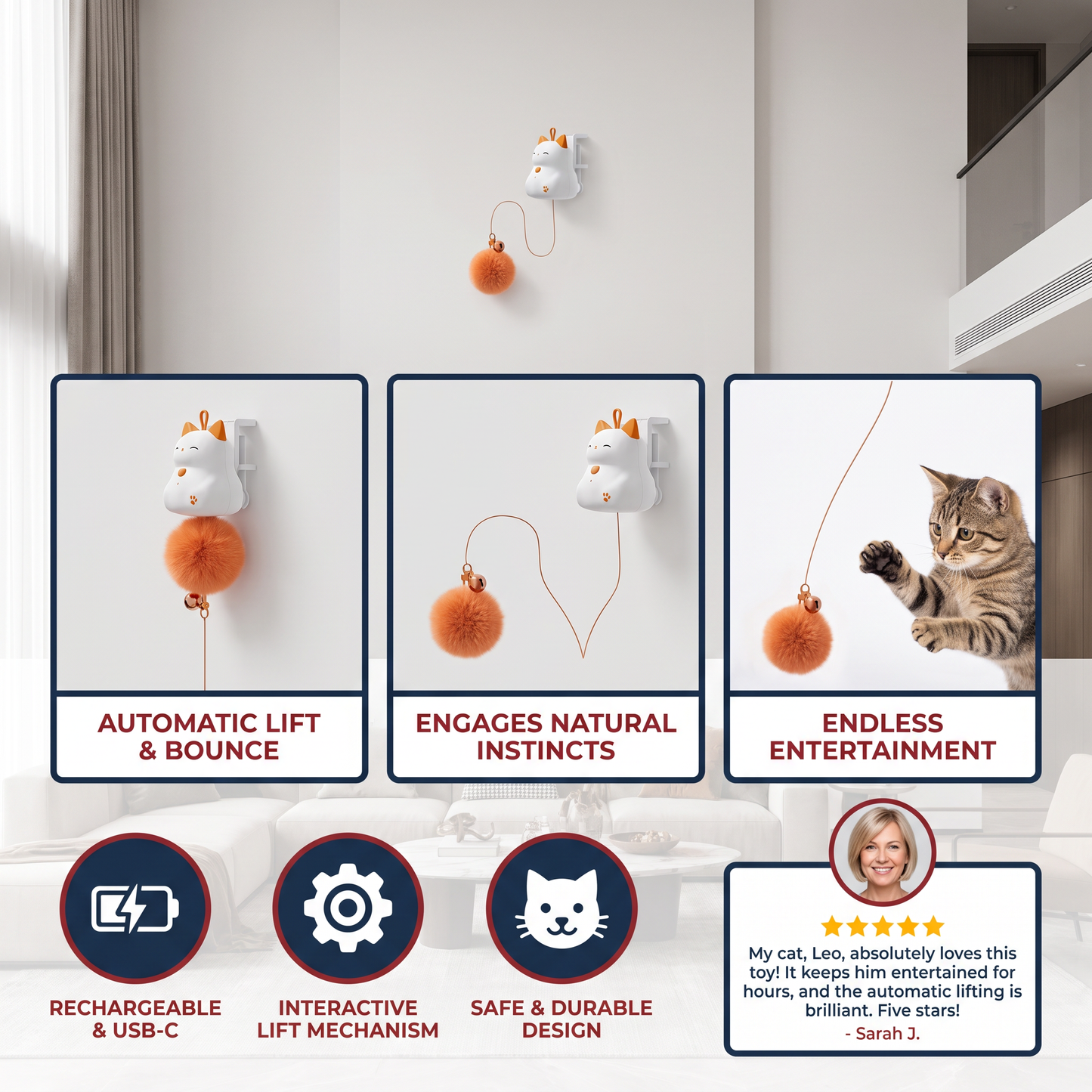Interactive Rechargeable Cat Toy – Automatic Lifting Pom-Pom Teaser