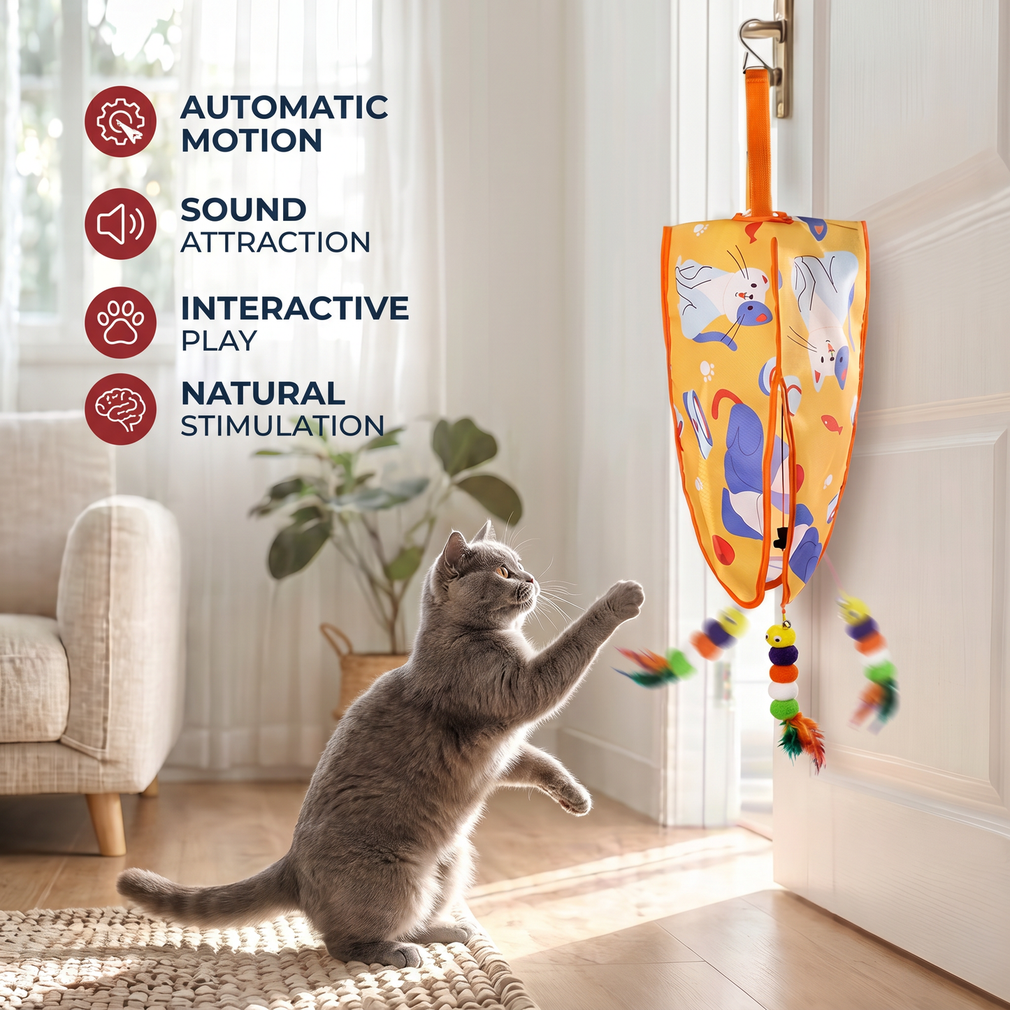 Automatic Hanging Cat Toy with Feather Teasers & Sound