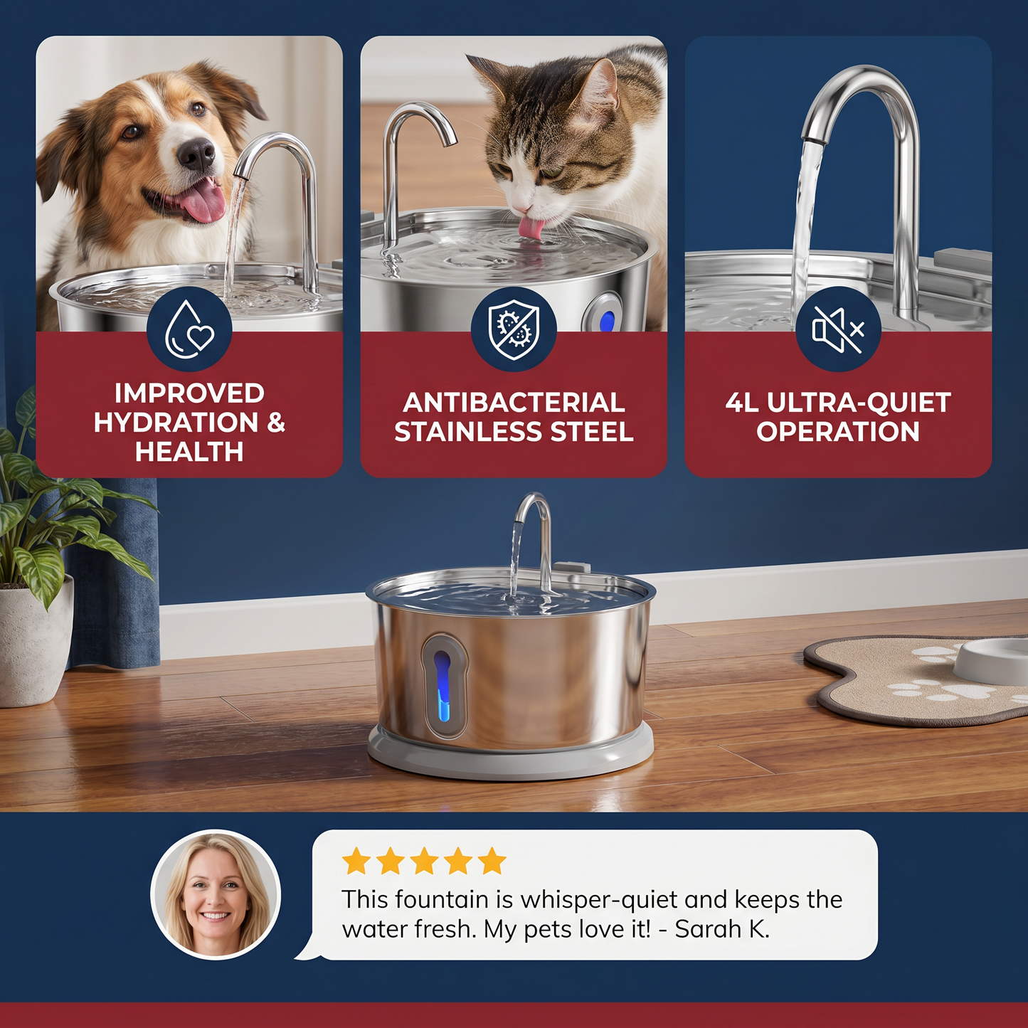 Smart Antibacterial Stainless Steel Pet Water Fountain – 4L Ultra-Quiet for Improved Pet Hydration & Health