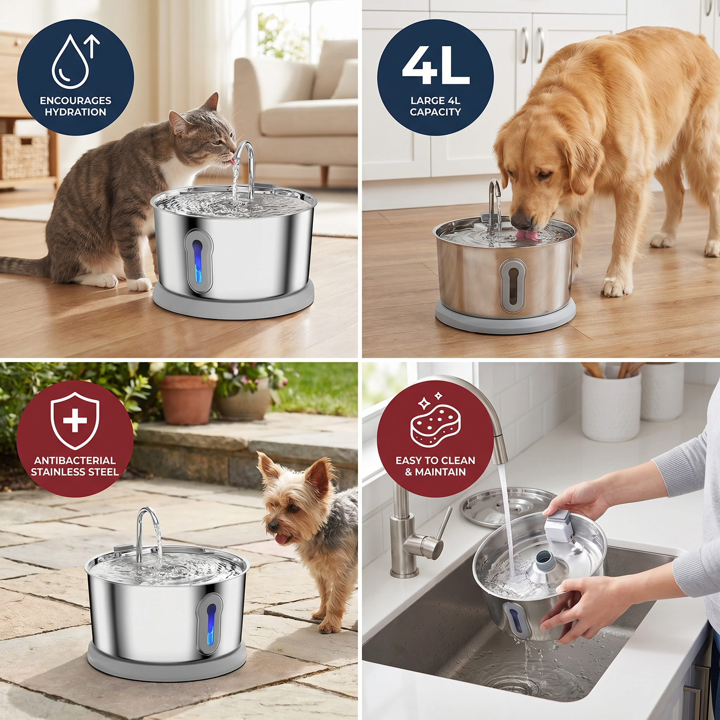 Smart Antibacterial Stainless Steel Pet Water Fountain – 4L Ultra-Quiet for Improved Pet Hydration & Health