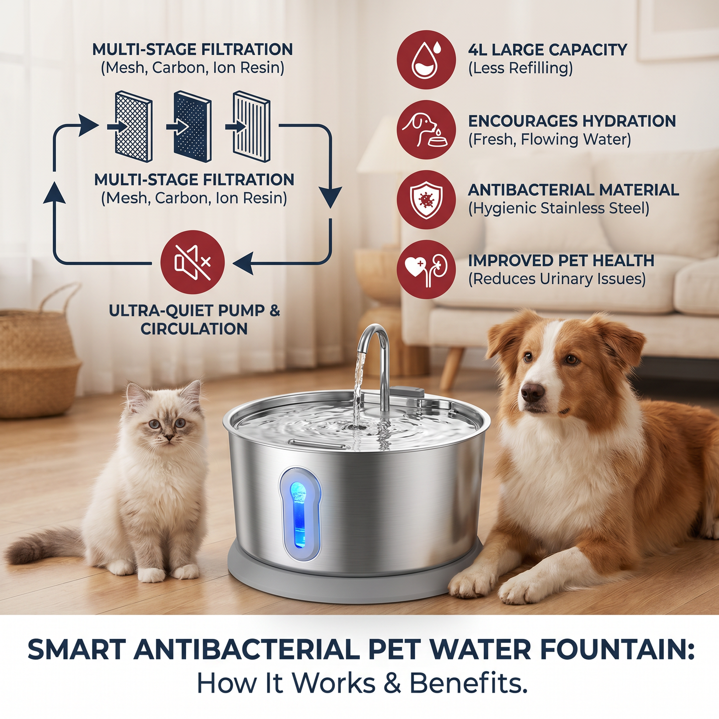 Smart Antibacterial Stainless Steel Pet Water Fountain – 4L Ultra-Quiet for Improved Pet Hydration & Health