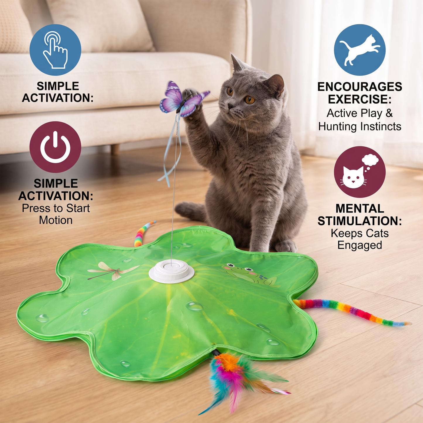 3-in-1 Interactive Butterfly Cat Toy – Play Mat with Butterfly & Feather Teasers