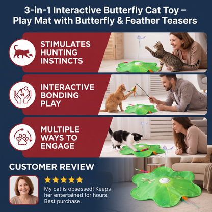 3-in-1 Interactive Butterfly Cat Toy – Play Mat with Butterfly & Feather Teasers