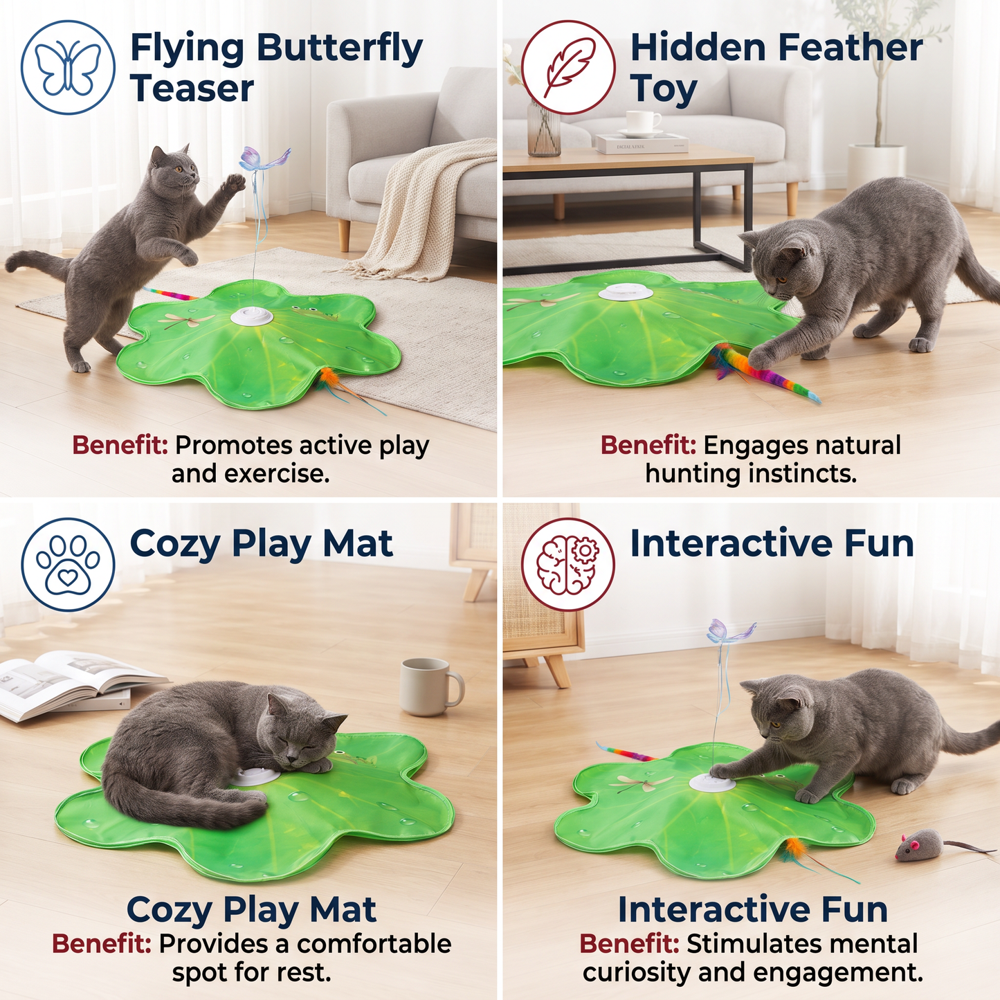 3-in-1 Interactive Butterfly Cat Toy – Play Mat with Butterfly & Feather Teasers