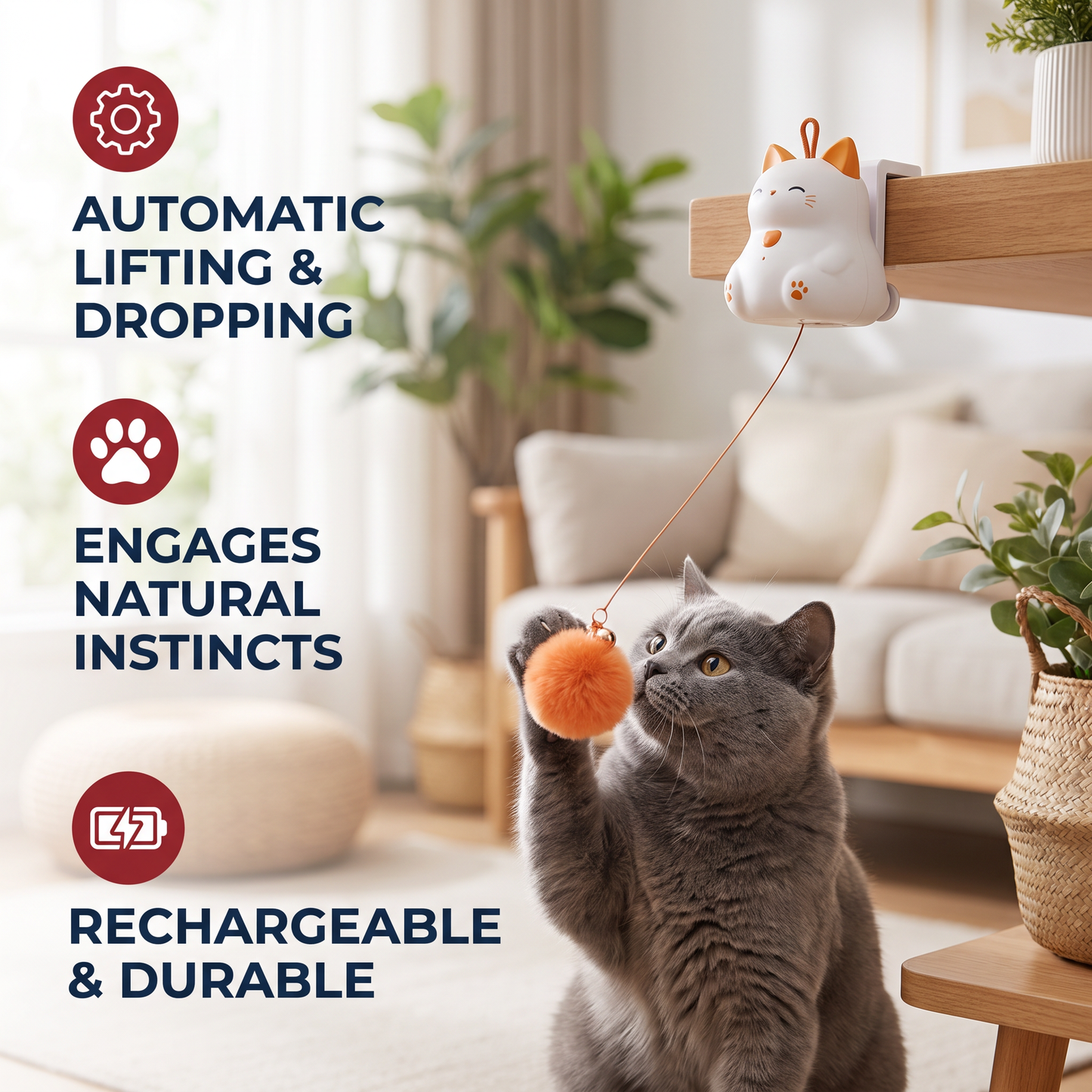 Interactive Rechargeable Cat Toy – Automatic Lifting Pom-Pom Teaser