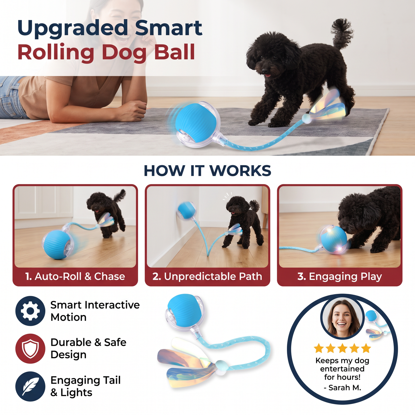 Upgraded Smart Rolling Dog Ball – Durable Interactive Toy with Mesh Tail