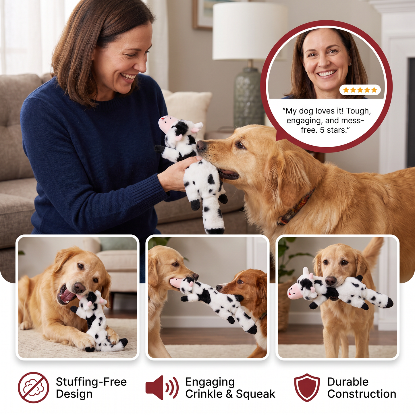 Durable Stuffing-Free Crinkle Squeaky Dog Toy
