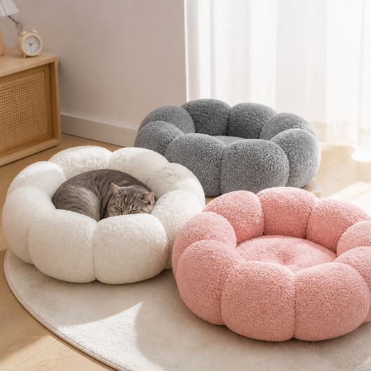 Luxury Floral Fluffy Donut Cat Bed – Soft & Washable Round Cushion