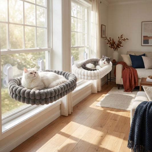Fluffy Cordless Folding Cat Window Hammock with Strong Suction Cups & Washable Cover