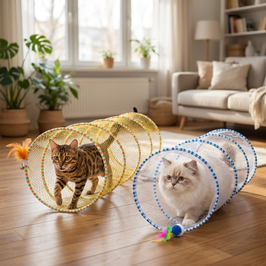 Collapsible Spiral Cat Play Tunnel with Feather Bells