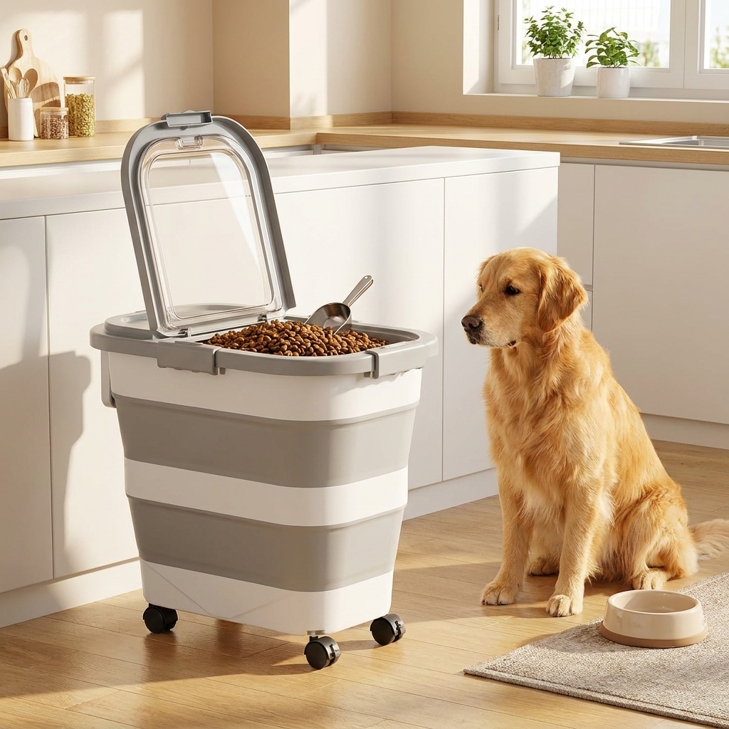 Collapsible Pet Food Storage Container with Wheels Lid and Scoop