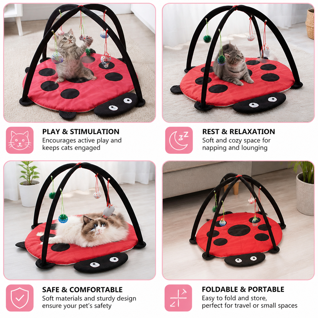 Foldable Cat Play Tent with Hanging Toys and Activity Mat