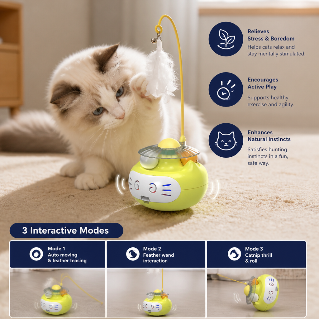 3in1 Interactive Catnip Cat Toy with Feather Wand & Bell