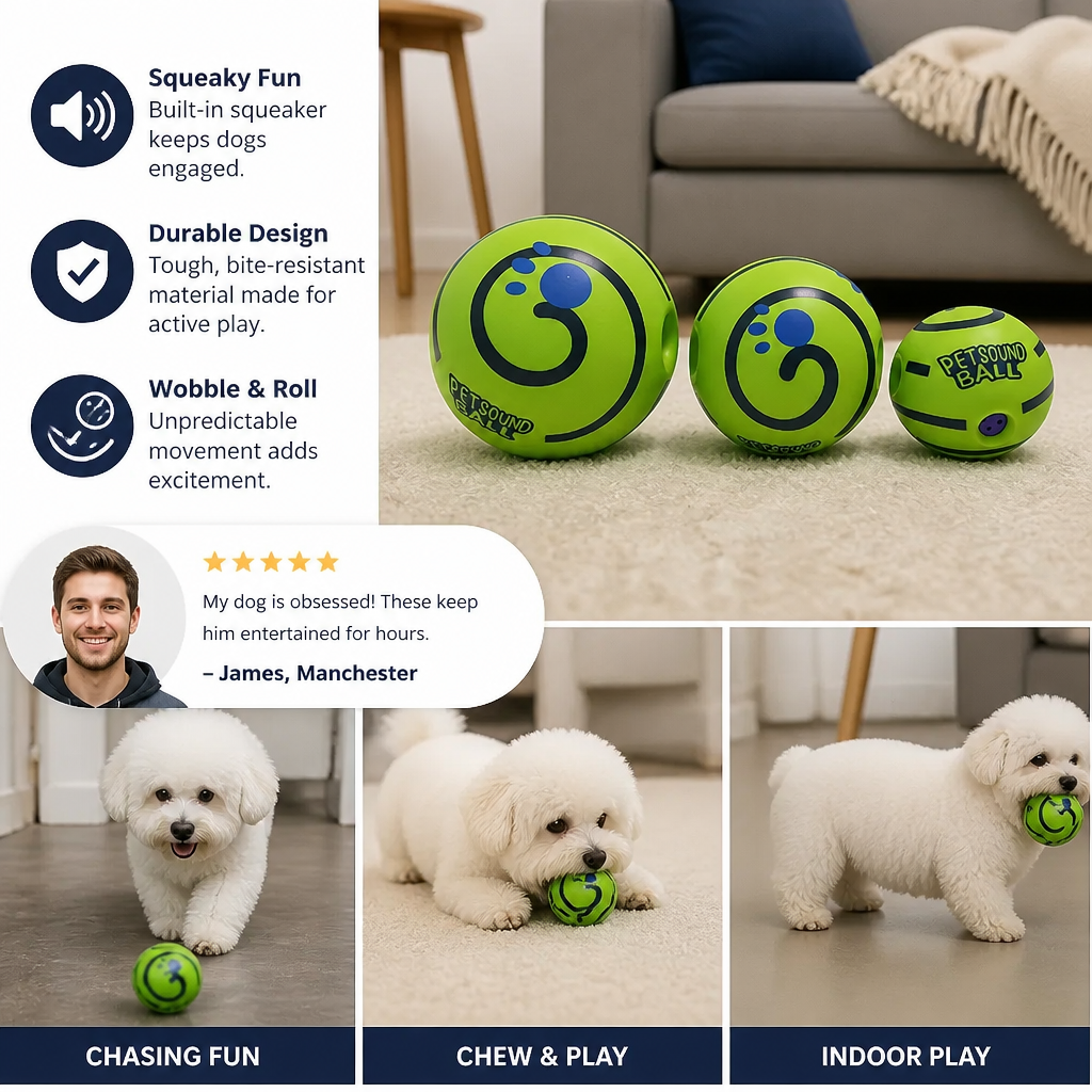 Interactive Squeaky Wobble Dog Ball – Durable Self-Play Toy