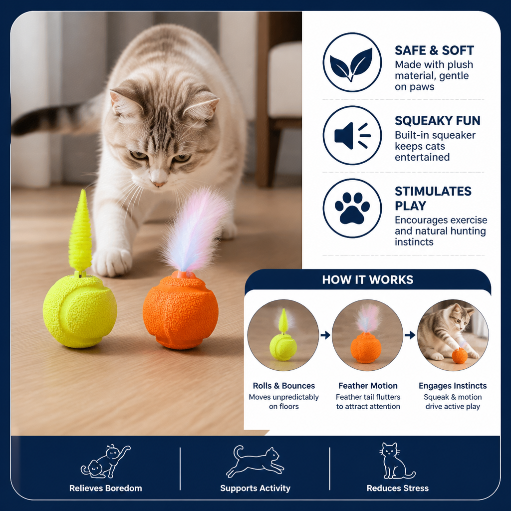 2-Pack Interactive Cat Balls – Plush Feather Tail & Squeaky Sound