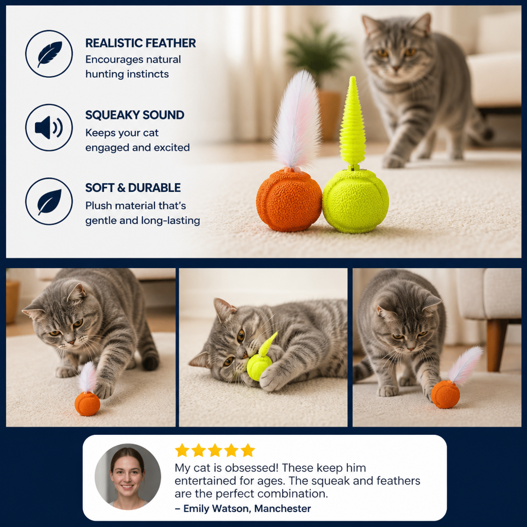 2-Pack Interactive Cat Balls – Plush Feather Tail & Squeaky Sound