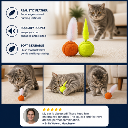 2-Pack Interactive Cat Balls – Plush Feather Tail & Squeaky Sound