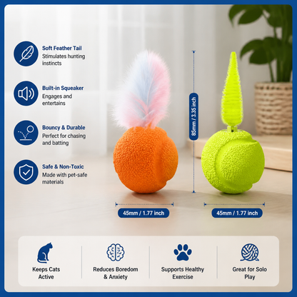2-Pack Interactive Cat Balls – Plush Feather Tail & Squeaky Sound
