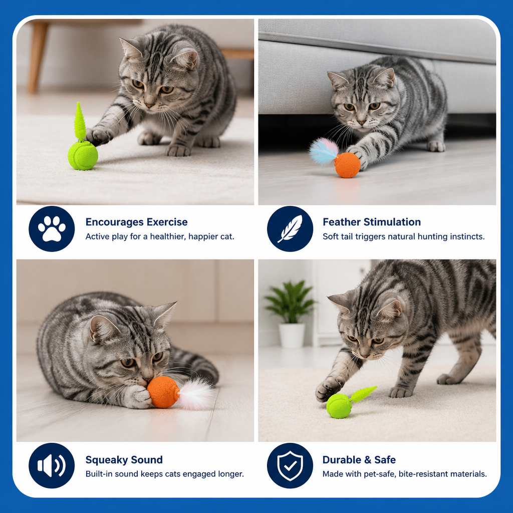 2-Pack Interactive Cat Balls – Plush Feather Tail & Squeaky Sound